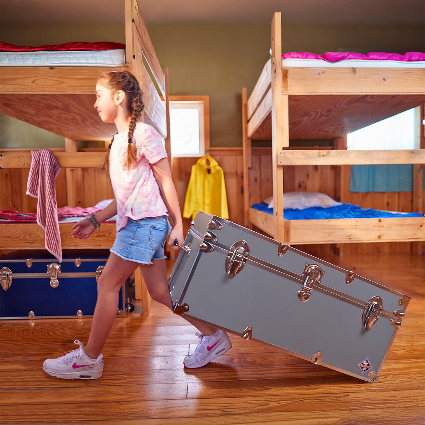 Large Essential Trunk With Wheels, Tray, & Lid Organizer - 32"x18"x14", 1000+ lbs Capacity. Strong, USA Made Summer Camp Footlocker, and Secure College Dorm Storage Chest