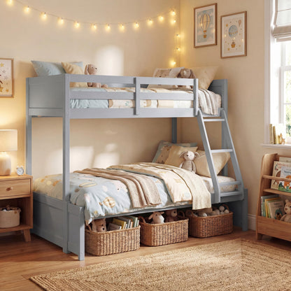 KOMFOTT Twin Over Full Bunk Bed, Pine Bed Frame with 3-Step Ladder, Full-Length Guardrails & 21 Wooden Support Slats, Solid Wood Bunk Bed for Teens, Kids, Adults, Dorms and Apartments (Grey)