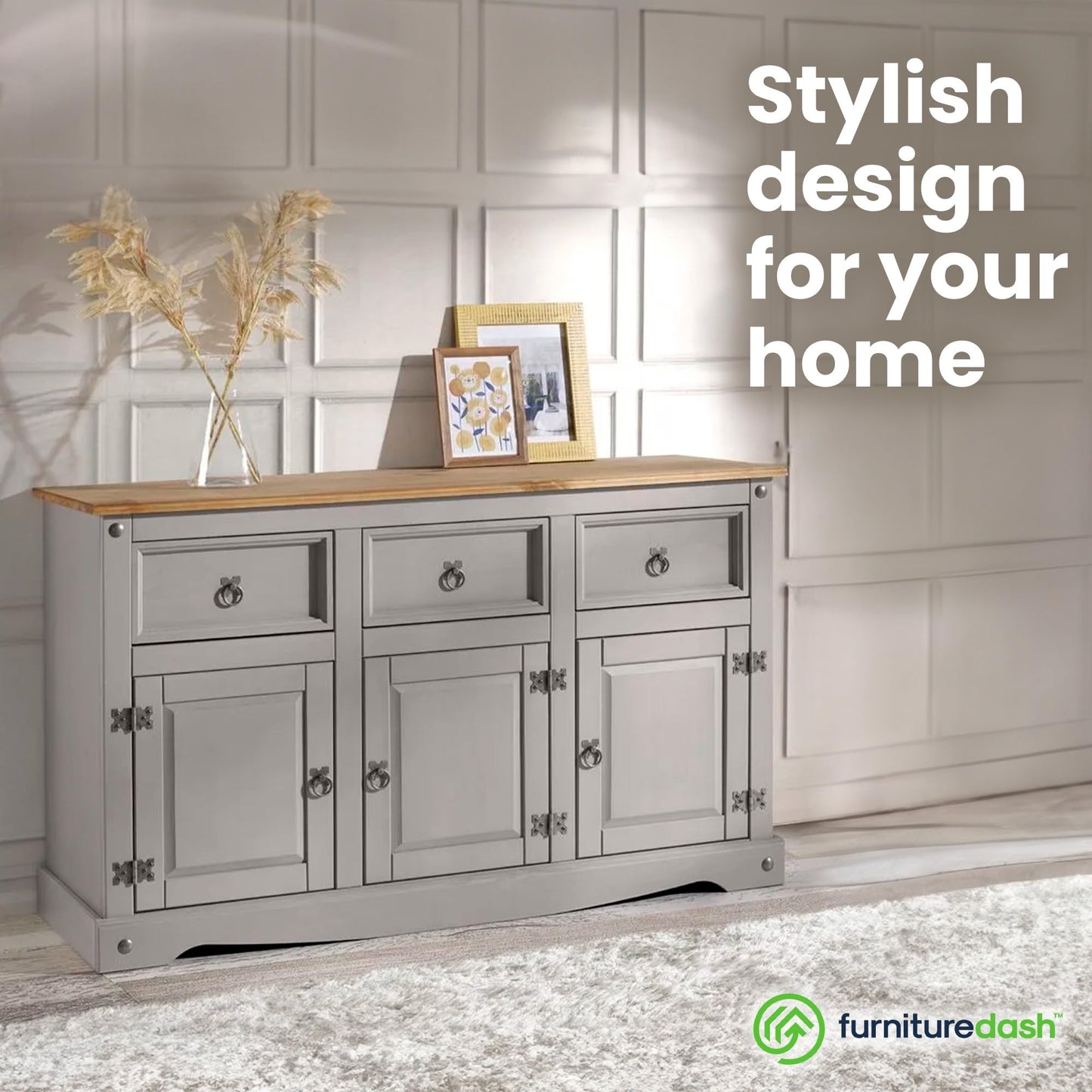 Furniture Dash Rustic Grey 6-Compartment Cabinet – Solid Wood Console Table with Storage Drawers & Doors for Dining, Kitchen, or Entryway Use