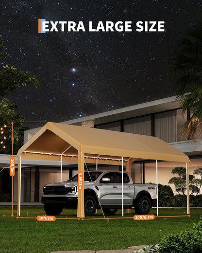 10X20Ft Heavy Duty Carport, Portable Heavy Duty Garage Shelter with Powder Coated Steel Frame, Waterproof UV-Resistant Triple-Layer Tarp, Garage Tent for Cars, Trucks and Boats, Yellow