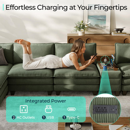 LINSY HOME Modular Sectional Sofa for Living Room, Corduroy Cloud Couch with Storage Console, USB Charging, Cup Holders, Comfy Modern Modular Cloud Couches with Movable Ottoman (Green)