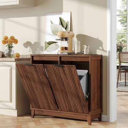 Double Tilt Out Trash Can Cabinet with Odor Control, Outlets, Fluted Trash Cabinet 13 Gallon Hidden Bin Storage, Modern Kitchen Cabinet with Soft-Close Door, Laundry Hamper Cabinet for Bathroom