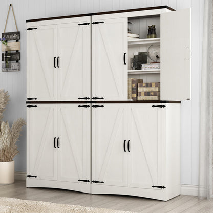 Hlivelood 71" Tall Kitchen Pantry,Farmhouse Storage Cabinet with Adjustable Shelves,Load-Bearing Steel Pipe,Farmhouse Pantry Cabinet with 4 Barn Doors,for Kitchen,Dining Room,Living Room(Rustic White)