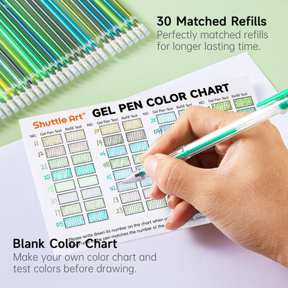 Shuttle Art 60 Pack Green Tone Gel Pens, 30 Green Tone Gel Pens with 30 Refills for Adults Coloring Books Journaling Drawing Nature, Landscapes, Animals Scenes
