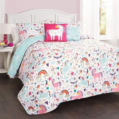 Lush Decor Unicorn Heart 4 Piece Quilt Bedding Set, White/Multi, Twin