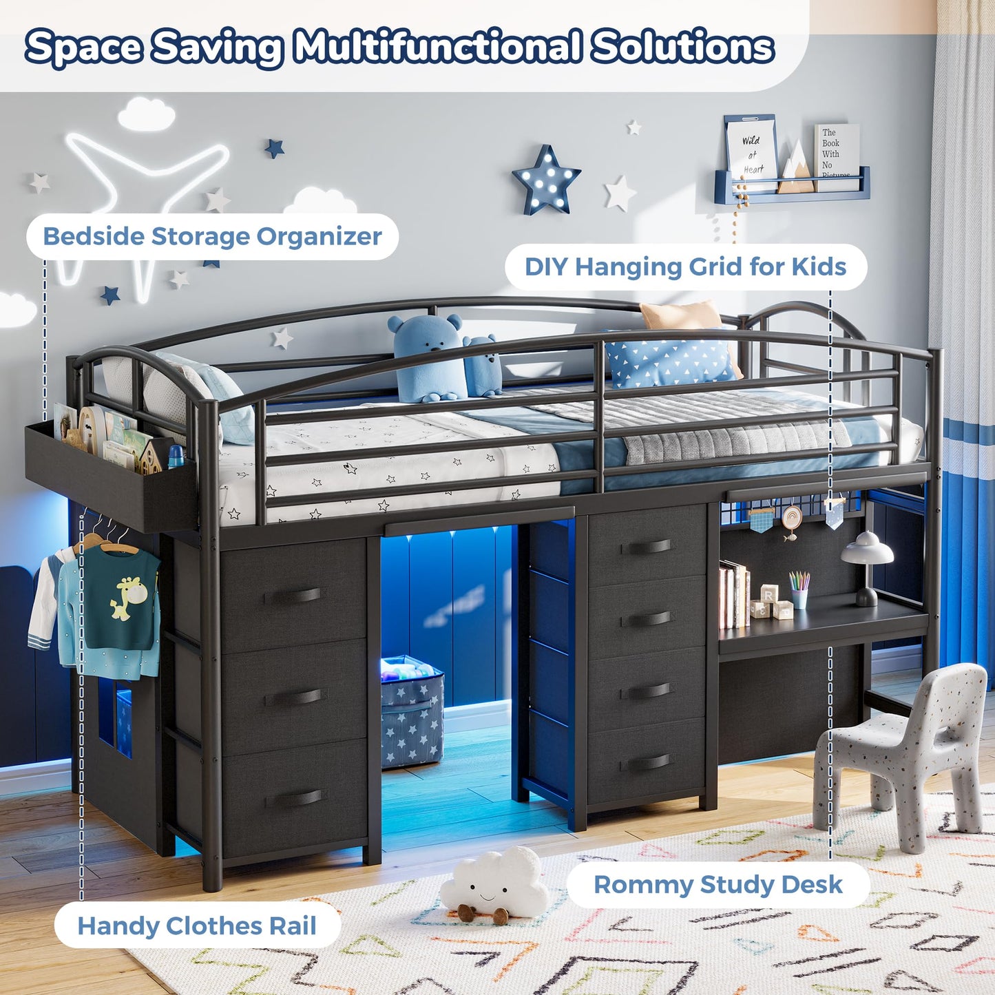 Low Loft Bed Twin Size with 7 Storage Drawers, Desk and LED Lights, Heavy Duty Metal Kids Loft Bed with 13.8" H Safety Guardrail, Anti-Collision Pad, Private Play Curtain, Under-Bed Play Space - Black