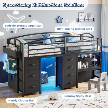 Low Loft Bed Twin Size with 7 Storage Drawers, Desk and LED Lights, Heavy Duty Metal Kids Loft Bed with 13.8" H Safety Guardrail, Anti-Collision Pad, Private Play Curtain, Under-Bed Play Space - Black