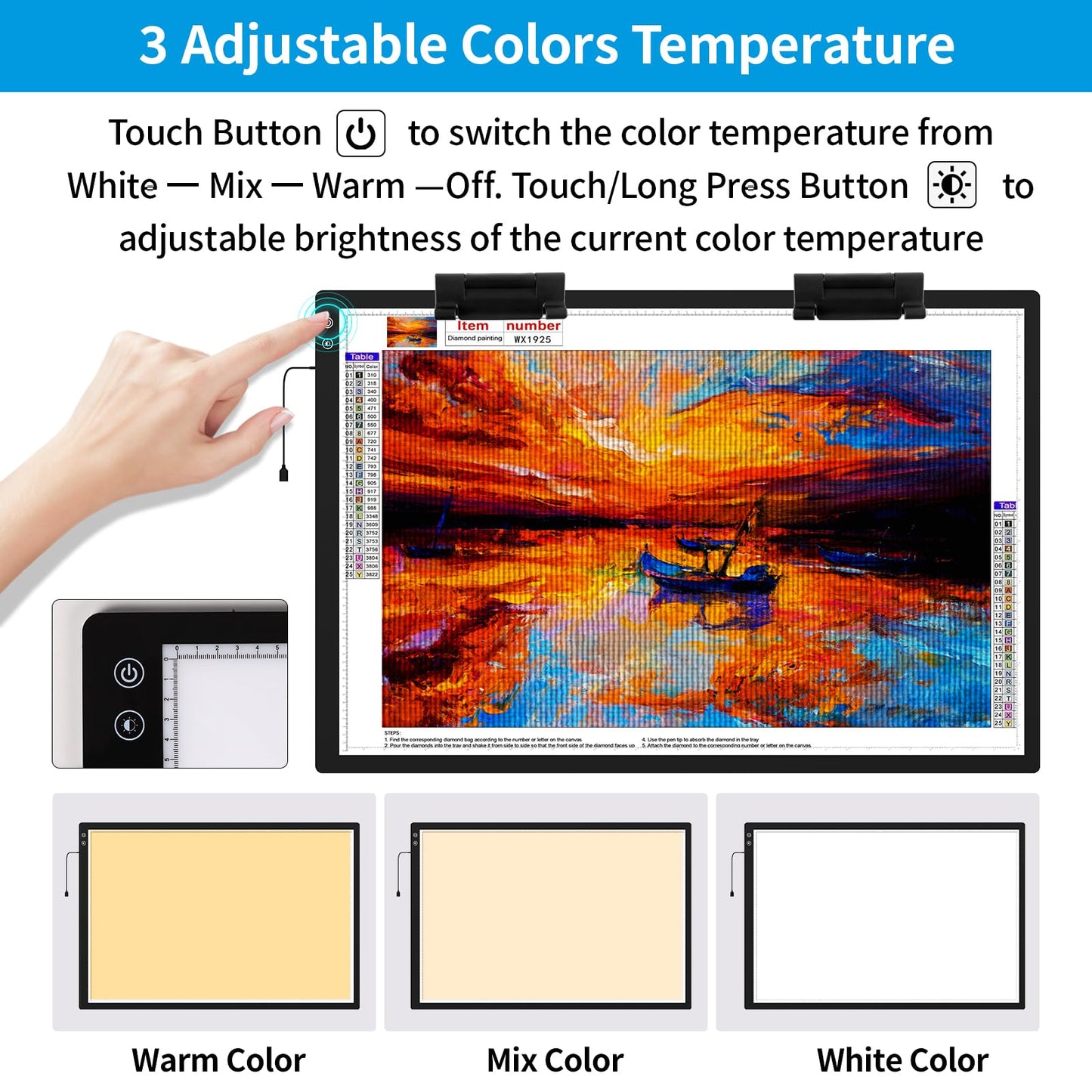 TOHETO Rechargeable A2 Light Pad 23.7"x15.8", Large LED Light Board for Diamond Painting, 3-Color Modes Light Box, Diamond Art Light Table, Lightbox for Tracing and Drawing, Sketching, Artists