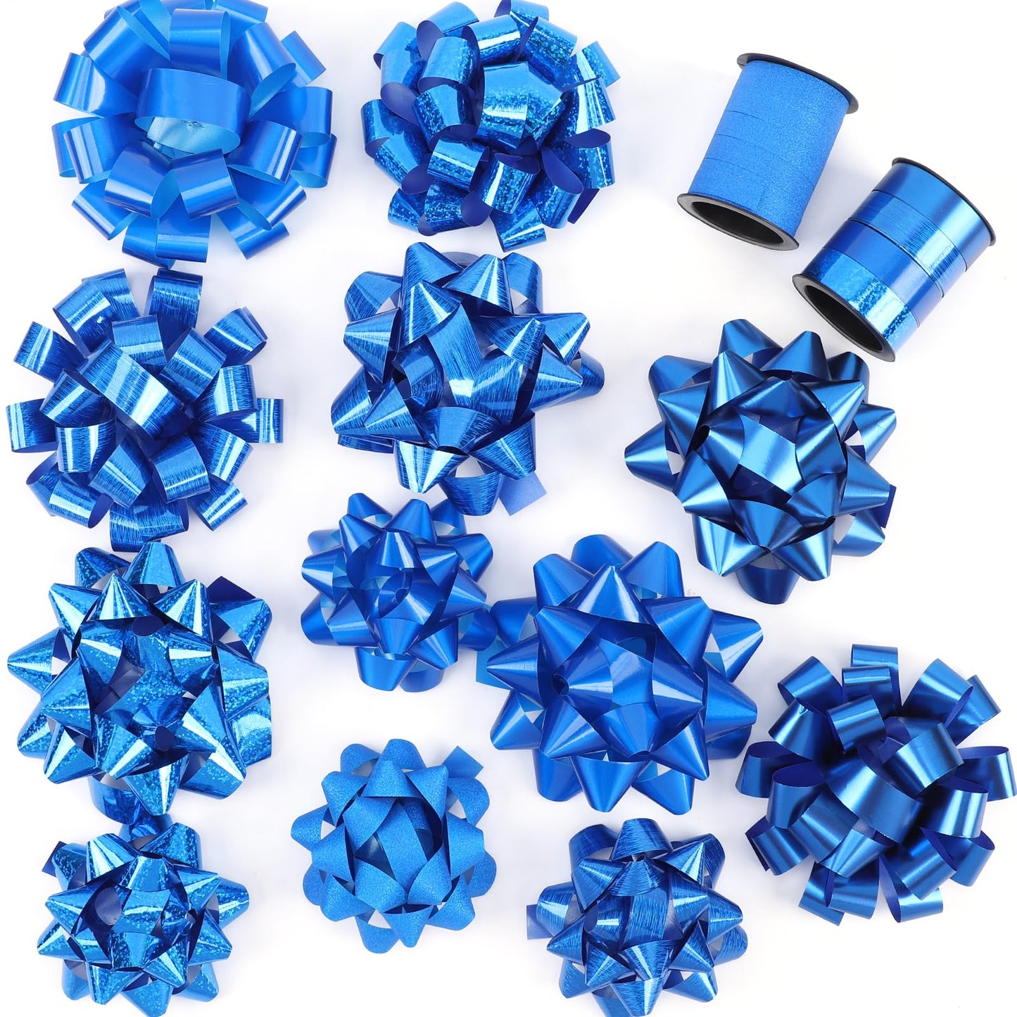 14 Pcs Gift Bows Assortment - Assorted Size Gift Bows and 2 Crimped Curling Ribbons, Perfect for Christmas, Holiday, Party (Blue)