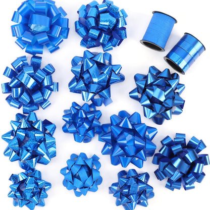 14 Pcs Gift Bows Assortment - Assorted Size Gift Bows and 2 Crimped Curling Ribbons, Perfect for Christmas, Holiday, Party (Blue)