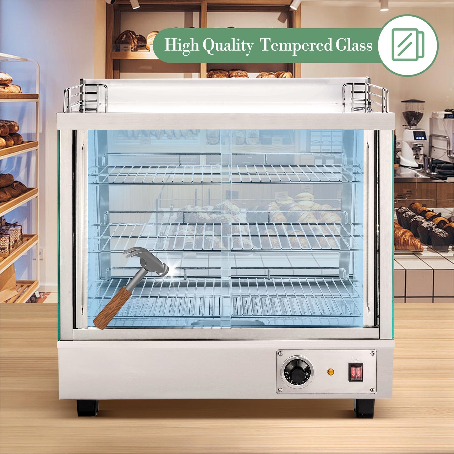 GAOMON Commercial Countertop Display Warmer, 3 4 Cu Ft Food Display Case, Stainless Steel Glass Showcase, Adjustable Temperature Control, 2 Door Heated Case for Cafe Bakery Concession Stand, Silver