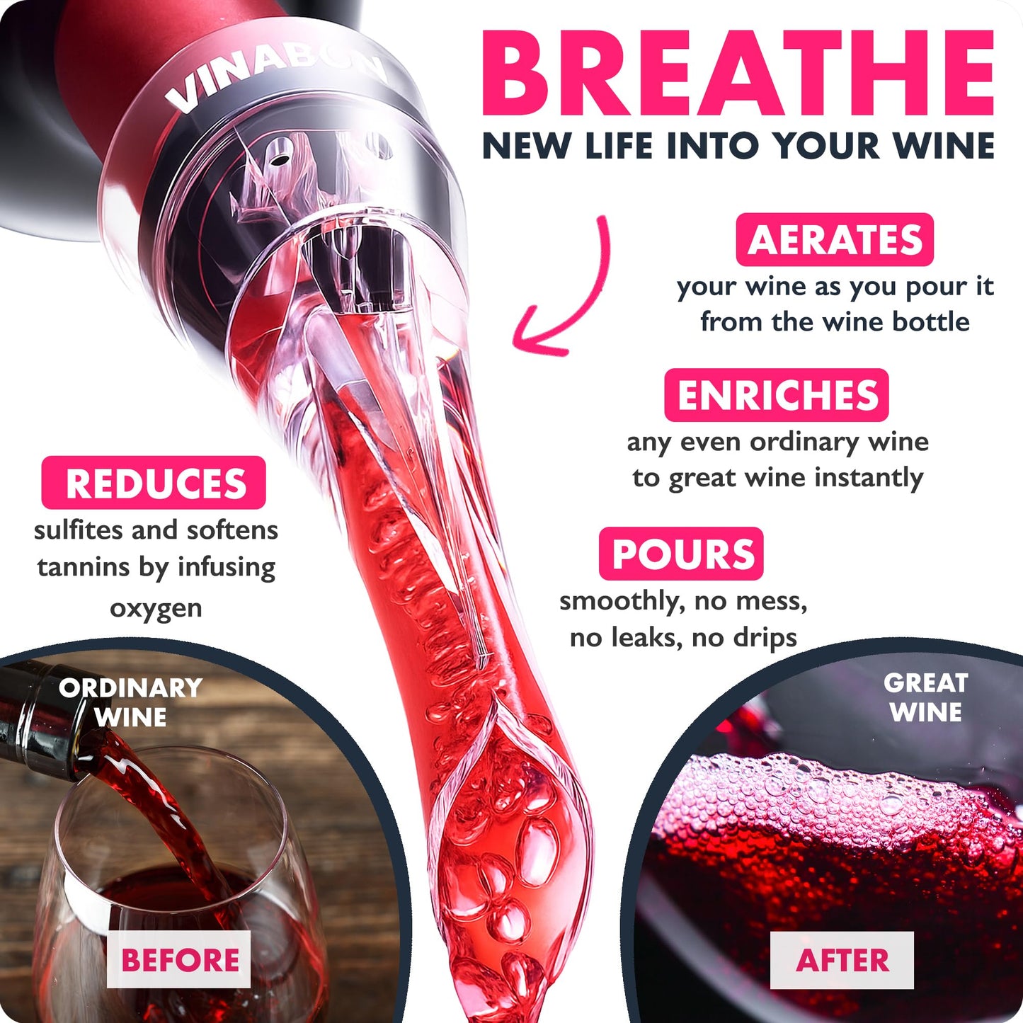 VINABON Wine Aerator Pourer Spout – Updated 2026 Professional Wine Aerator for Superior Flavor, Enhanced Bouquet & Rich, Smooth Finish. No-Leak, No-Drip, Spill-Free Design. Includes Wine Guide eBook