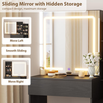 Garvee Makeup Vanity Desk with Sliding Lighted Mirror, Vanity Table with 3-Color Dimmable LED, Cushioned Stool & Power Outlet, 4 Drawers Makeup Table for Bedroom, Black