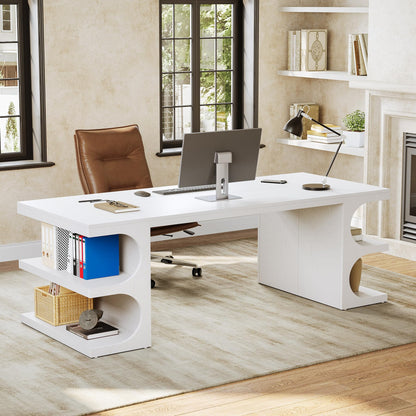LITTLE TREE 62.2-Inch Executive Desk, Modern Home Office Desks, Office Table with Storage Shelves for Workspace, Large Computer Desk, Long Contemporary Writing Desk, White