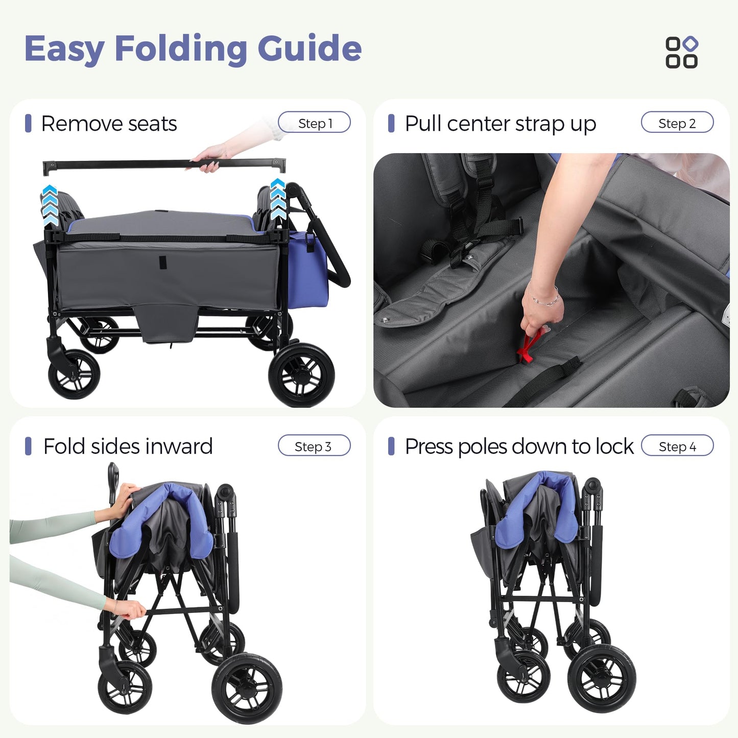 MOMFANN Wagon Stroller for 4 Kids, All-Terrain 4-Seater Folding Wagon with 5-Point Harness, Adjustable Push-Pull Handle, Removable Canopy, Oversized Storage Organizer, Compact Fold - Grey