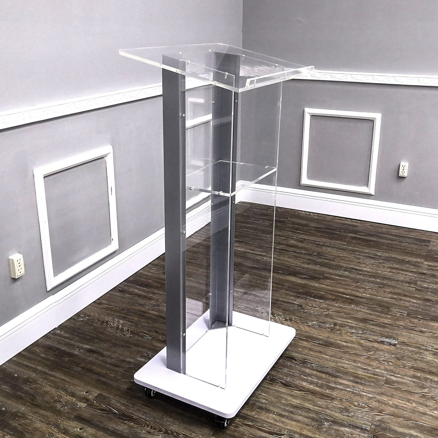 FixtureDisplays® Clear Acrylic Plexiglass Podium Steel Sides Church Pulpit School Lectern Debate Funeral Home Conference 14306NEW-NPF