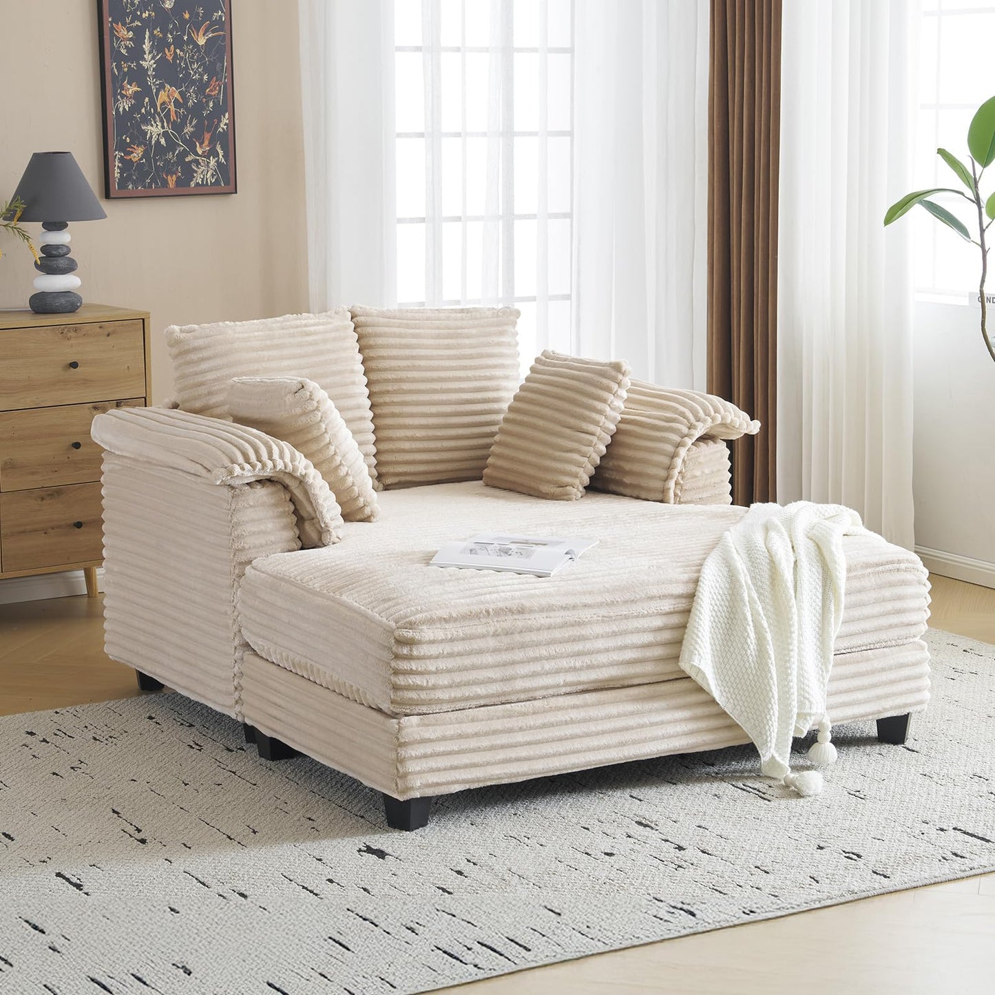 VINGLI 56" Oversized Chaise Lounge Chair, Beige Comfy Corduroy Chaise Sofa Recliner Bed Upholstered Sleeper Couch Bed with Throw Pillows and Armrests for Living Room, Movie Room, Bedroom