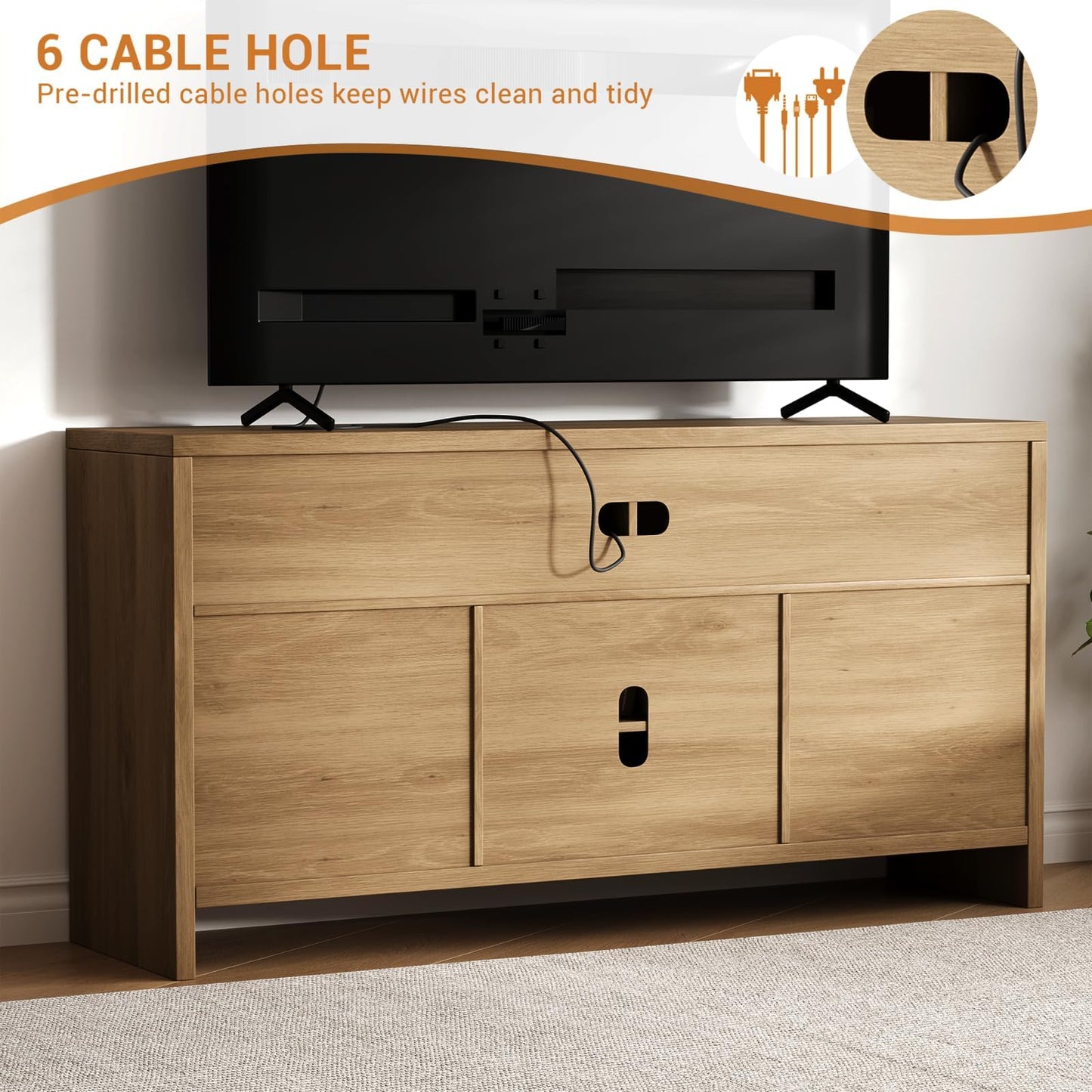 Boho TV Stand for TV up to 65 Inch,58"Modern Rattan Entertainment Center with Storage and Adjustable Shelves,Wooden Media TV Console Cabinet with Doors for Living Room/Bedroom/Apartment/Farmhouse(Oak)