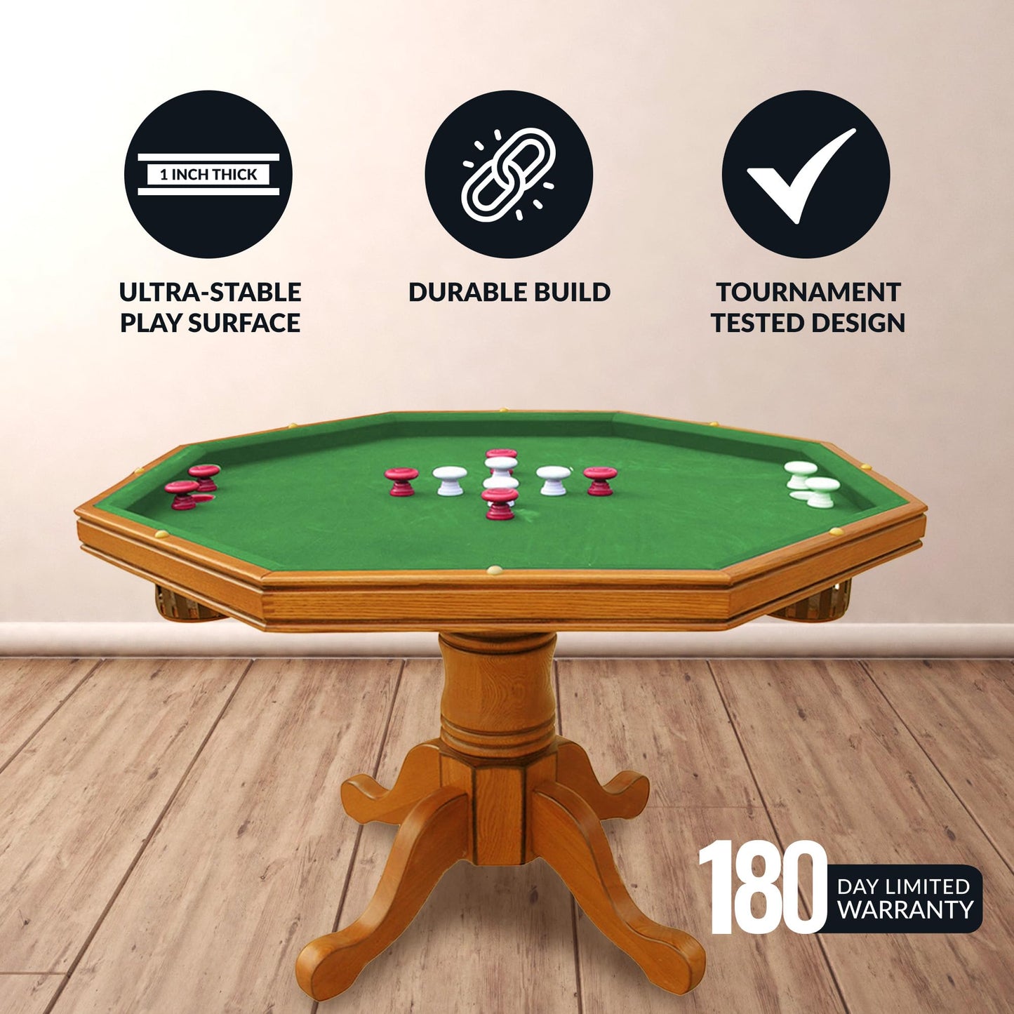 Hathaway Kingston 3 in 1 Octagon Poker Table, Dining & Bumper Pool Table for Game Rooms - Durable Hardwood, Sturdy Legs, Smooth Playfield - Includes Bumper Balls, Cues, Chalk, Brush - Oak
