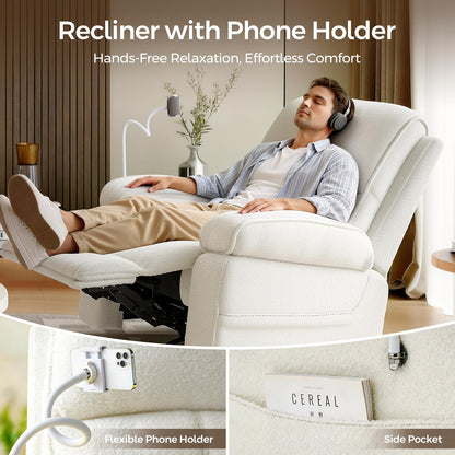 YuuYee Teddy Fleece 360° Swivel Rocker Recliner Nursery Rocking Chairs with Phone Holder Manual Gilder Recliner Chair with Wide Foot Rest for Living Room and Baby Room
