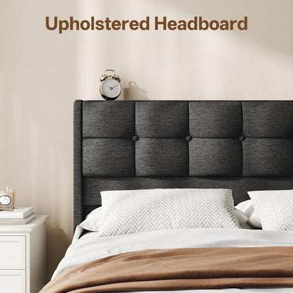 Vinabilia Lift Up King Size Bed Frame with Storage, Upholstered King Bed Frame with Wingback Headboard, No Box Spring Needed, Easy Assembly - Dark Grey