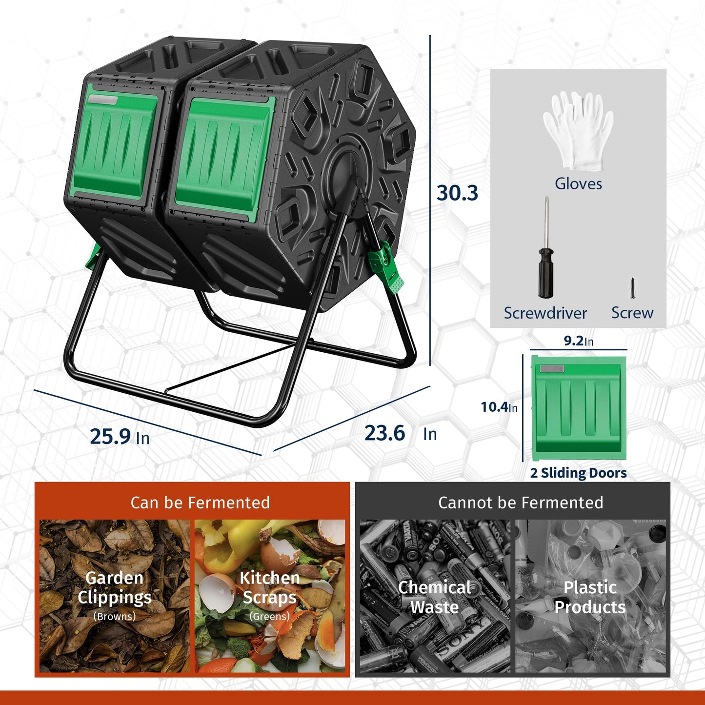 Compost Bin Outdoor, 2 Separate Tumbling Chambers, 37Gal Lagre Compost Tumbler with Sliding Door and Aeration System, 360° Rotating, Tumbling Composter Bin for Kitchen, Garden, Yard, Black Green