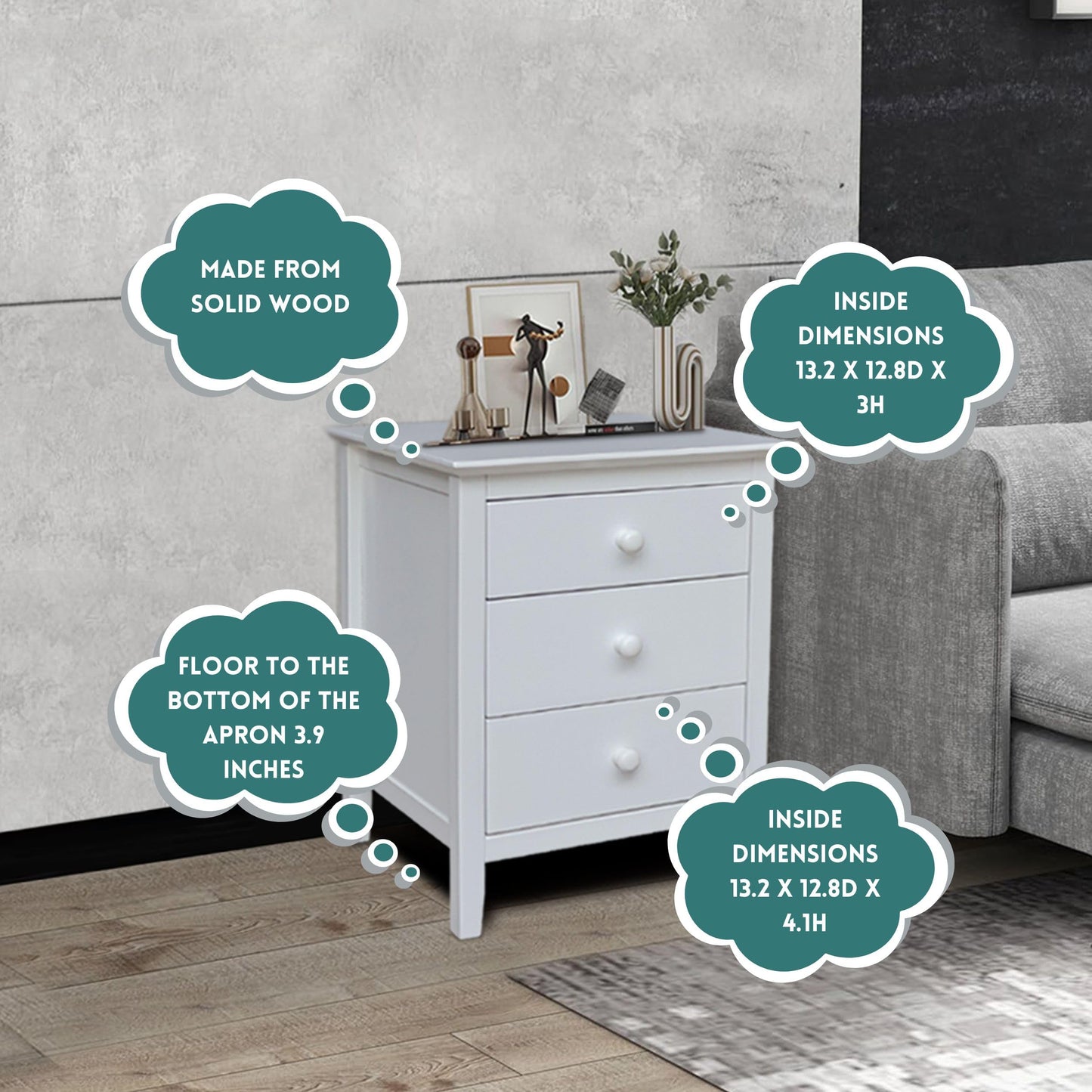 International Concepts Solid Wood Bedroom Nightstand with 3 Drawers in White