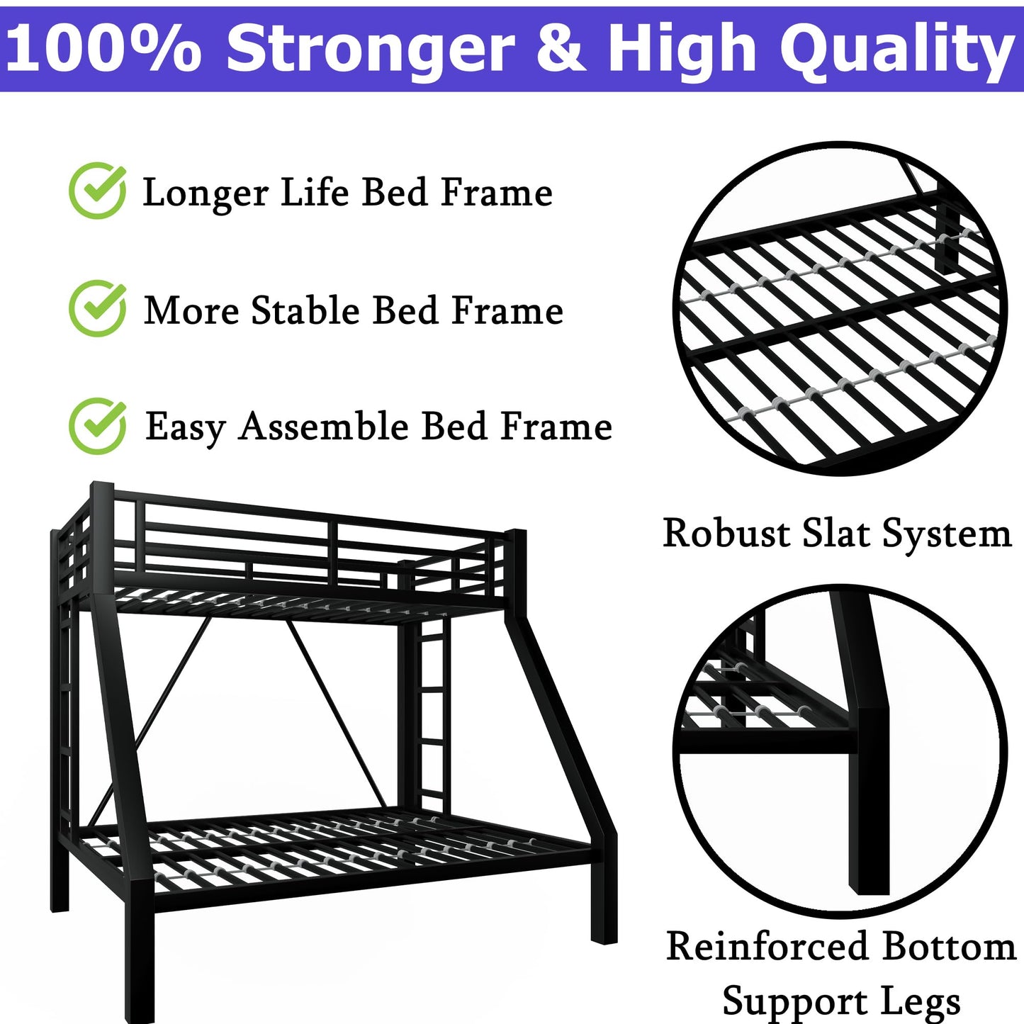 ATOPCORP Heavy-Duty Metal Twin XL Over Queen Bunk Bed with 2 Ladders,Higher Quality Metal Bunk Bed Queen Size for Boys Girls Teens Adults,No Box Spring Needed,Weight Capacity 600LBS (Black)
