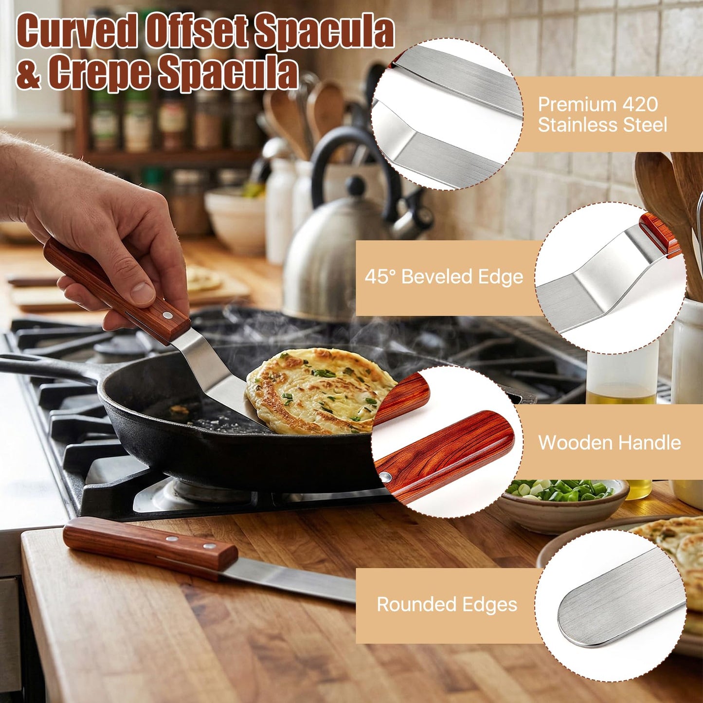 Lainballow Crepe Spreader and Spatula Kit, 7" & 5" T-Shaped Batter Spreaders and Wood Handle Offset Spatula Curved and Straight, Stainless Steel Pancake Tool, Batter Spreaders Fit Any Crepe Pan Maker