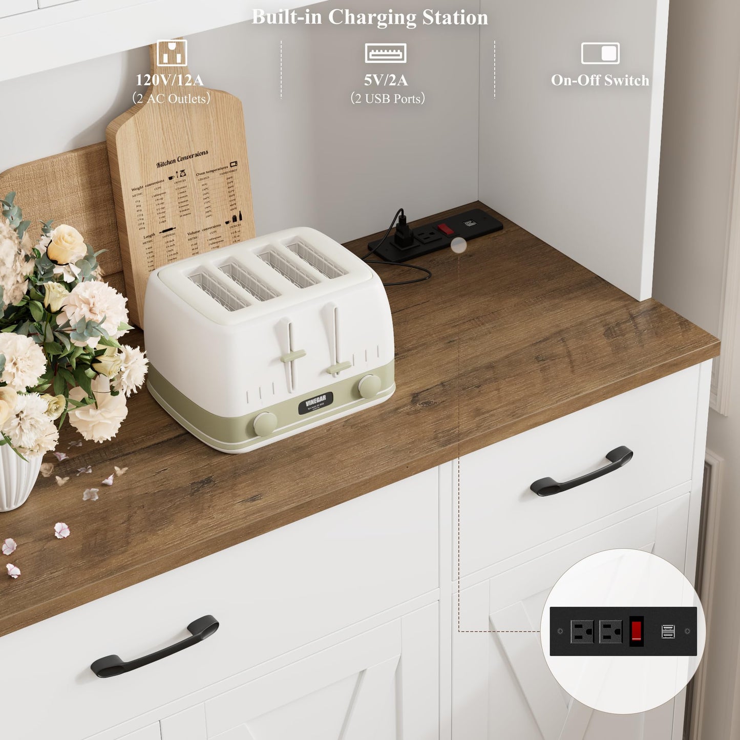 HOSTACK 71" Large Pantry Cabinet with Charging Station, 55" Wide Kitchen Pantry Storage with Drawers and Power Outlet, Tall Kitchen Hutch with Countertop for Kitchen, White