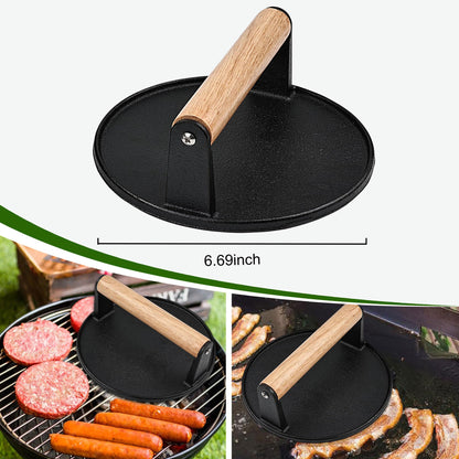 POLIGO Smash Burger Press Kit - 4 in 1 Hamburger Patty Storage Containers, 6.69" Cast Iron Smash Bacon Press - Non Stick Smash Burger Press Set for Grill and Griddle Cooking, Black Round