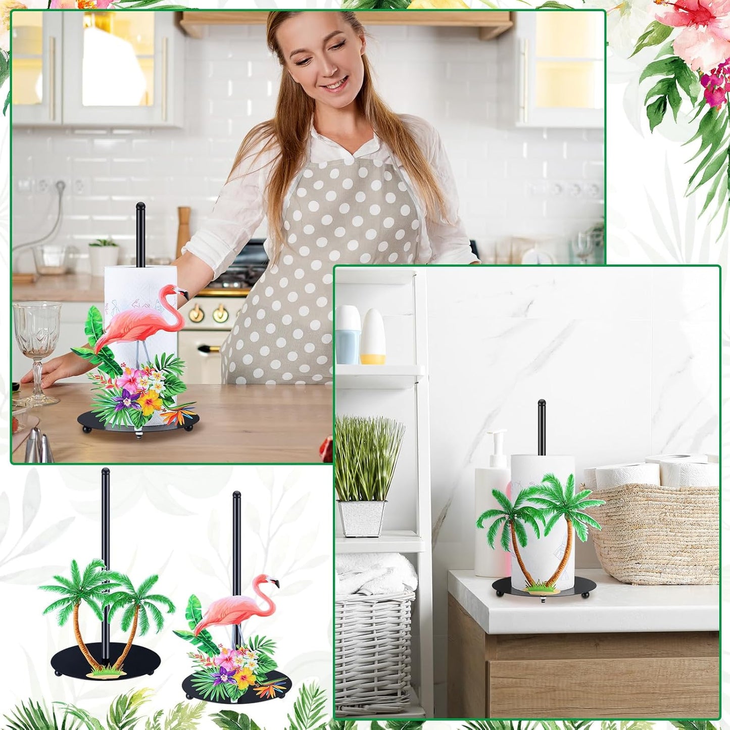 2 Countertop Summer FoldTier Pcs Tropical Paper Towel Holder Hawaiian Flamingo and Palm Leaf Paper Towel Holder Stand