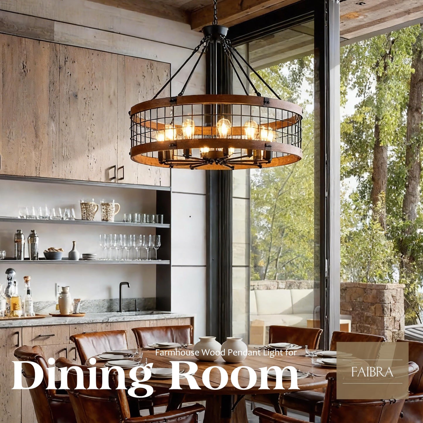 Faibra 10-Light Farmhouse Drum Wood Pendant Light,32'' Vintage Rustic Brown Oak Wood Chandeliers,Retro Industrial Hanging Light Fixtures for Dining Room Entryway, Bedroom