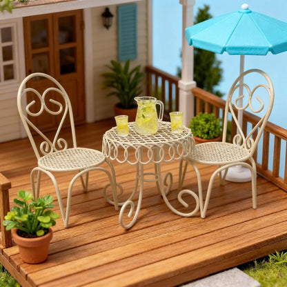 6 PCS Dollhouse Miniature Bistro Table & Chairs Set with Lemonade Pitcher and Cups 1 12 Scale Metal Furniture Fairy Garden Kitchen Decoration Accessories