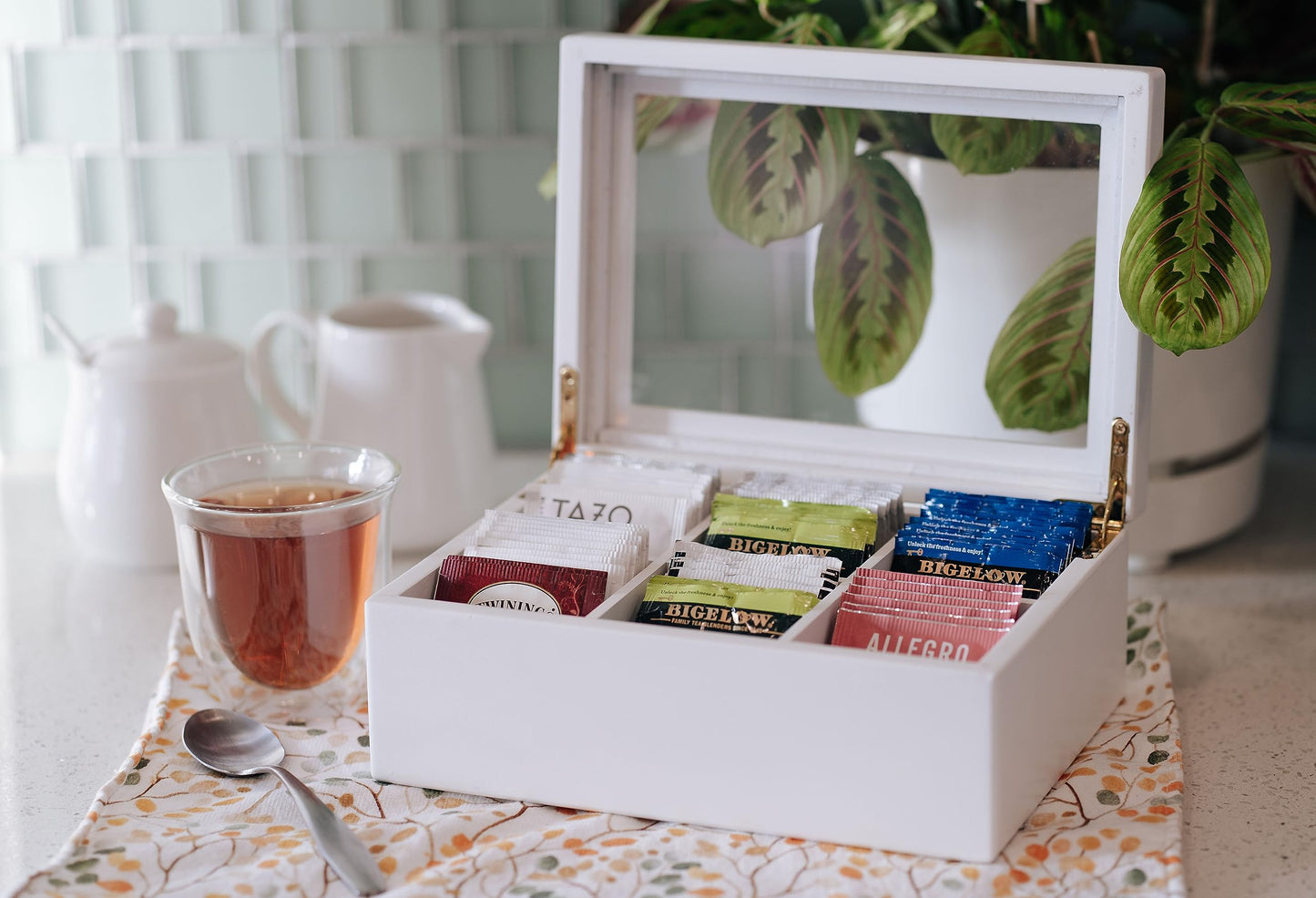 Break Tradition Wooden Tea Organizer For Tea Bags - Wooden Tea Chest With 6 Compartments - Clear Top Window - Lid Stays Open (White)