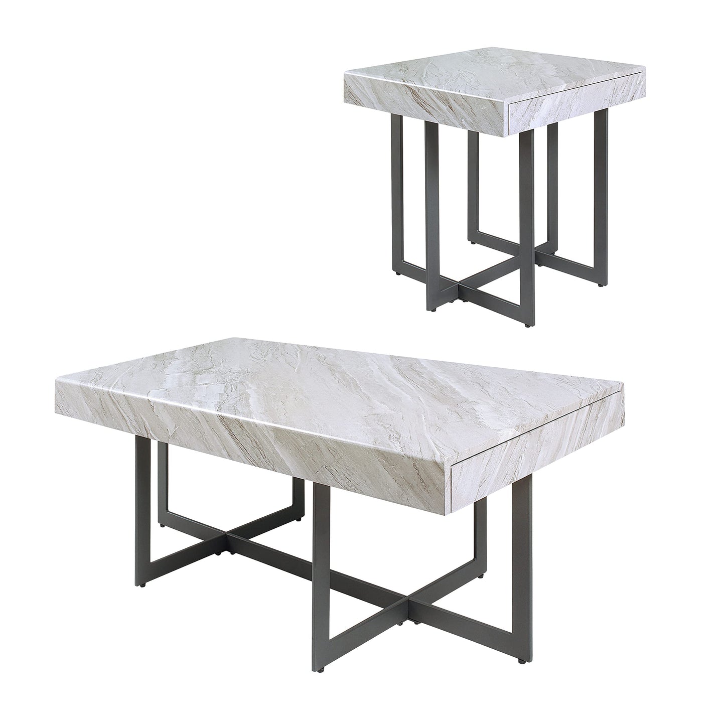 Furniture of America Willy Modern Storage Faux Marble Top 2-Piece Coffee and End Table Set for Living Room, Gray