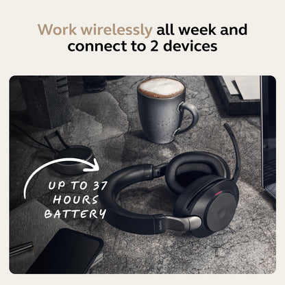 Jabra Evolve2 85 Wireless PC Headset – Noise Cancelling UC Certified Stereo Headphones with Long-Lasting Battery – USB-C Bluetooth Adapter – Black