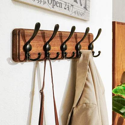 Dseap Coat Rack Wall Mounted - 5 Tri Hooks, Heavy Duty, Wooden Wall Coat Hanger Coat Hook for Clothes Hat Jacket Clothing, Natural & Black