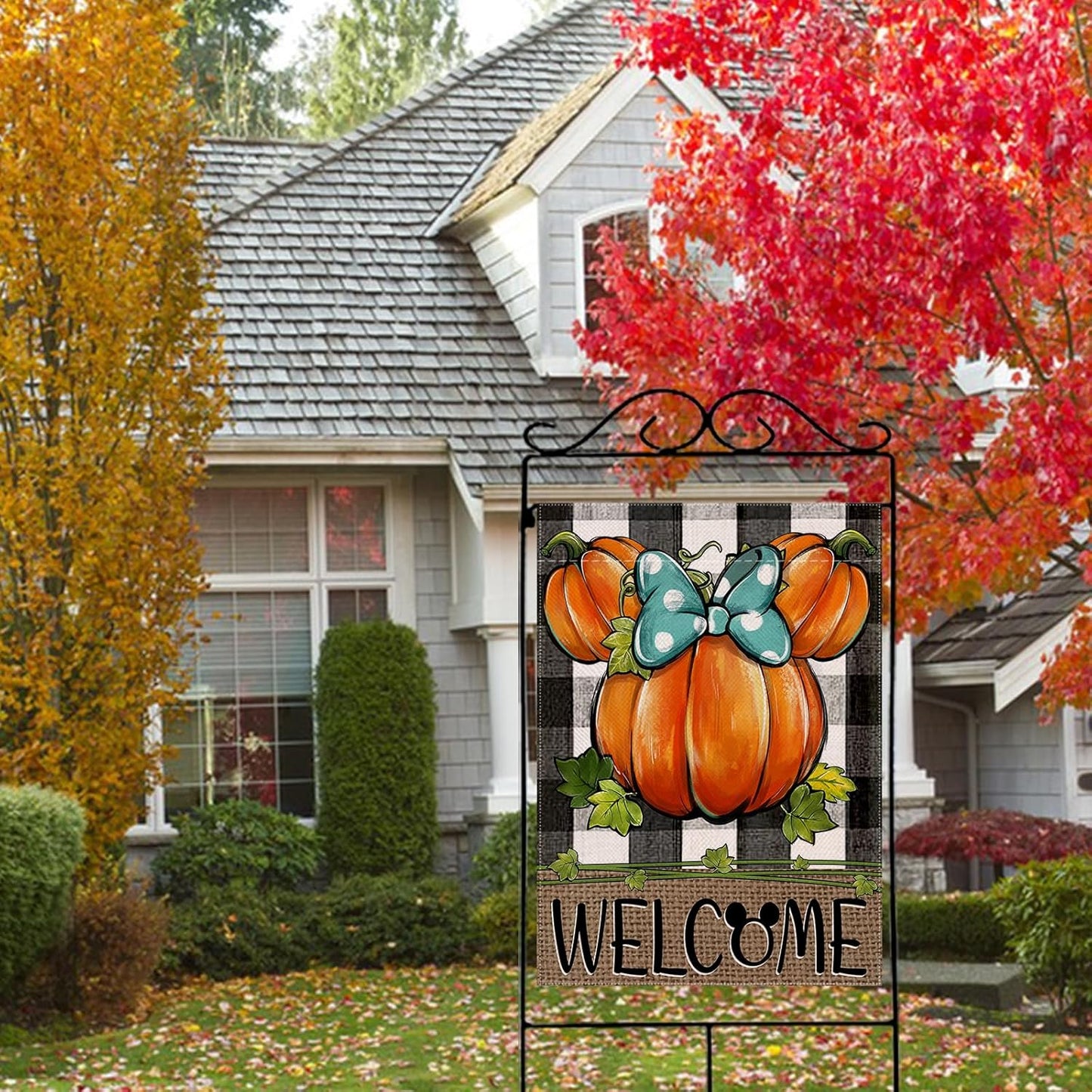 Welcome Fall Pumpkin Decorative House Flag, Autumn Thanksgiving Buffalo Plaid Check Garden Yard Decor