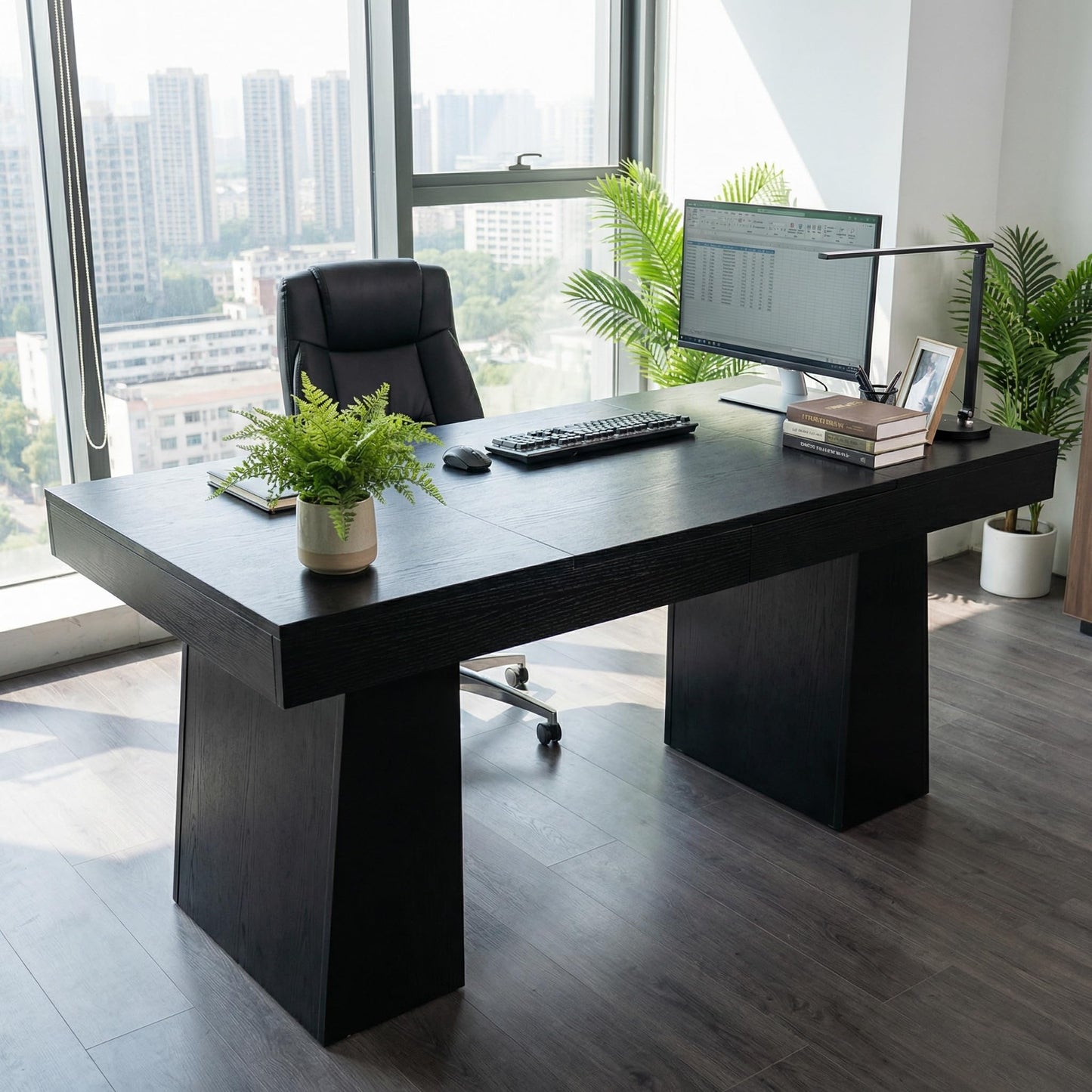 BouPower 55" Executive Desk, Wood Home Office Computer Desks with Double Trapezoid Pedestal, Mid-Century Modern Workstation Writing Table Conference Table Furniture, Black
