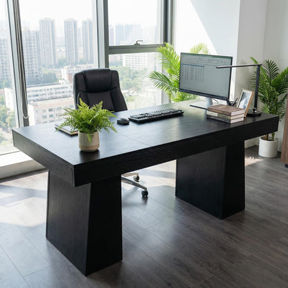 BouPower 55" Executive Desk, Wood Home Office Computer Desks with Double Trapezoid Pedestal, Mid-Century Modern Workstation Writing Table Conference Table Furniture, Black