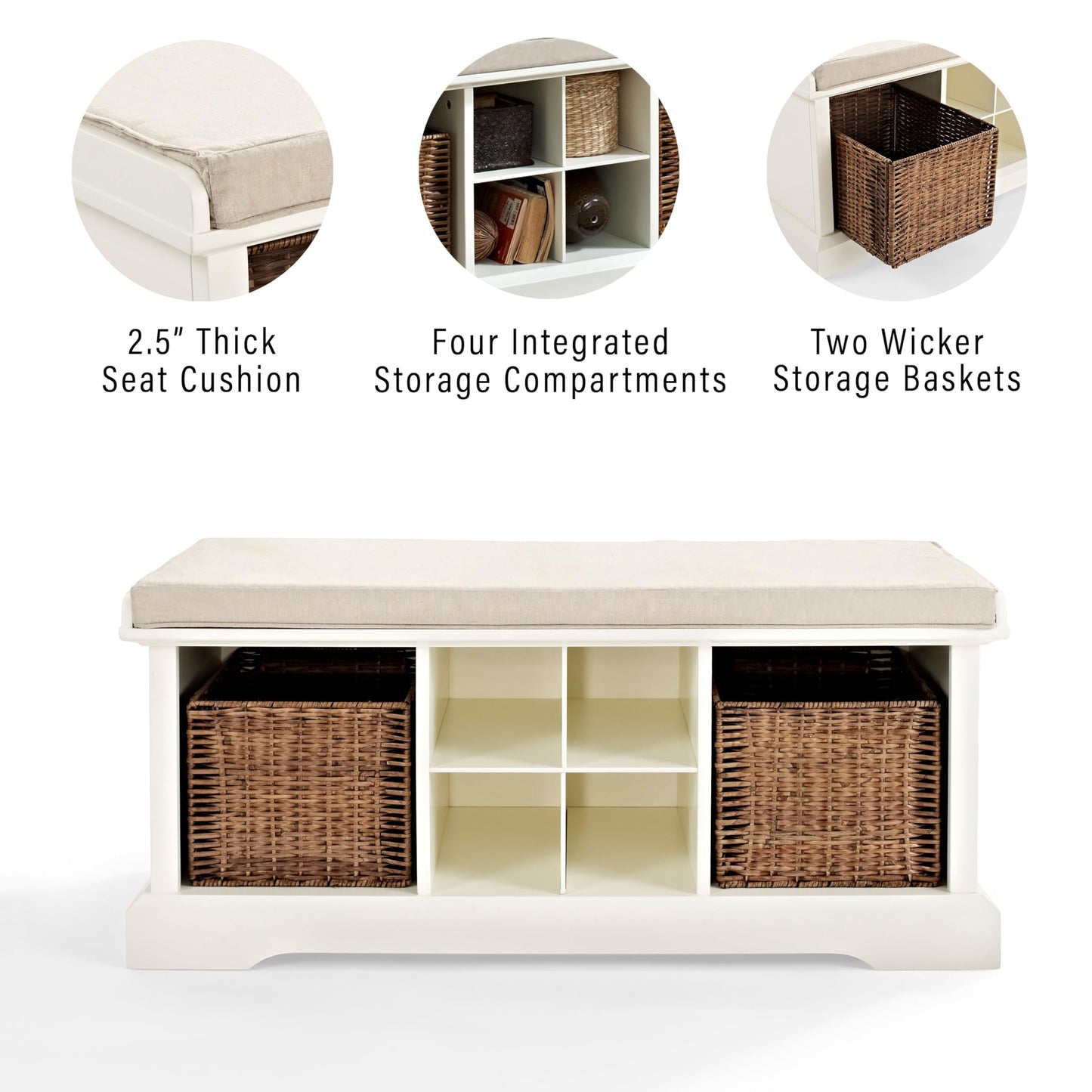 Crosley Furniture Brennan Entryway Storage Bench with Bins and a Shoe Rack Organizer, White