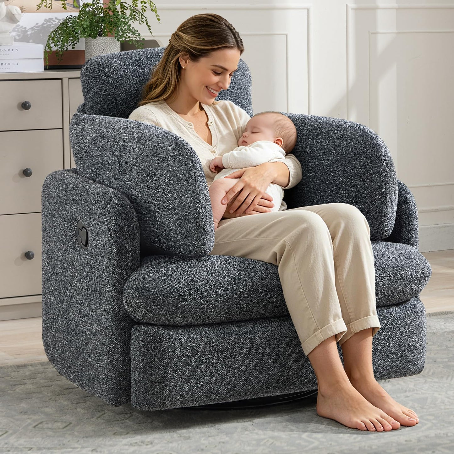 Bonzy Home Manual Recliner Chair, 360°Swivel Rocker Recliner Chair for Adults, Overstuffed Nursery Rocking Reclining Sofa with 2 Pillows and Hidden Storage, Dark Grey