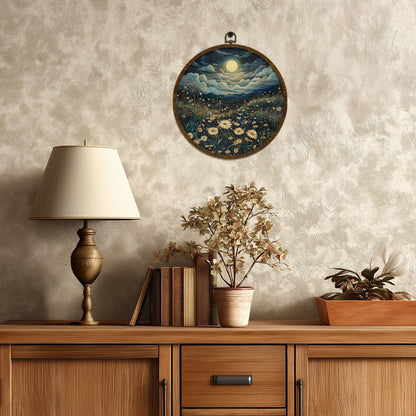 Moonlit Daisy Meadow Round Wall Art,10"x10" Romantic Nature Canvas Wall Hanging Decor with Frame, Rustic Night Landscape Wildflower Painting for Bedroom, Living Room, or Gift (FJ01)