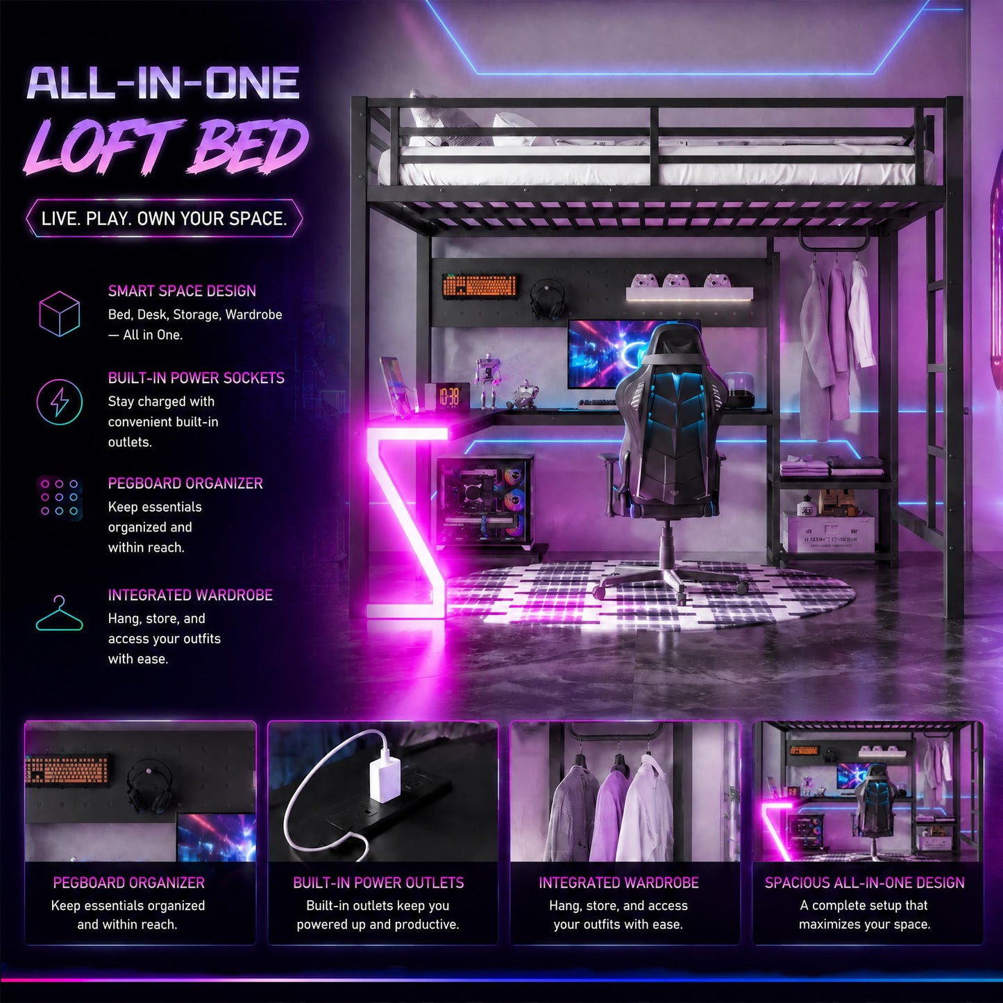 Bellemave Queen Size Gaming Loft Bed with L-Shaped Desk, Computer Tray, Peg Board & USB Ports, Metal Queen Loft Bed Frame with RGB Lights & Storage Shelves for Teens, Black