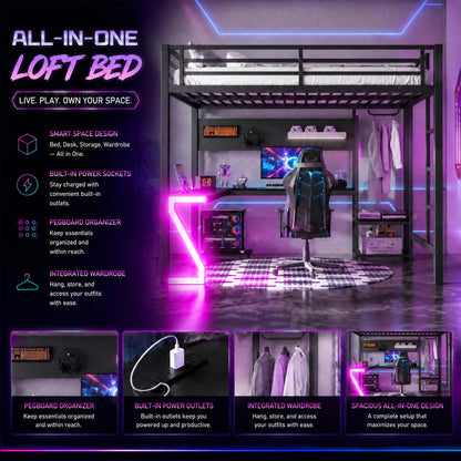 Bellemave Queen Size Gaming Loft Bed with L-Shaped Desk, Computer Tray, Peg Board & USB Ports, Metal Queen Loft Bed Frame with RGB Lights & Storage Shelves for Teens, Black