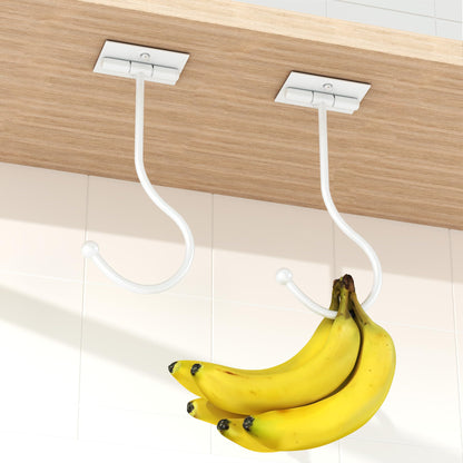Josmimic Modern Banana Hanger Hook Under Cabinet: Adhesive Banana Holder, Foldable with Magnets When Not in Use, Under Counter Banana Hook, Stainless, Hold 13 LB, White, 2 Pack