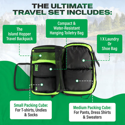 COR Surf Carry On Travel Backpack Bundle | Island Hopper Travel Backpack with Toiletry Bag and Compression Packing Cube Set (Blue, 28L)