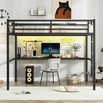 Bellemave Metal Full Size Loft Bed with Desk and Charging Station,Heavy Duty Loft Bed Frame with LED Lights and USB for Kids,Teens,Adults,Full Size,Black