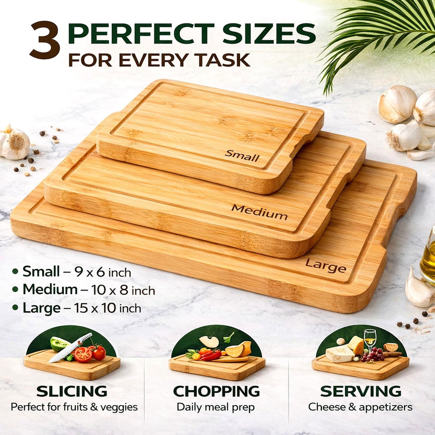 Bamboo Cutting Board Set of 3 – Wooden Kitchen Cutting Boards for Kitchen. Non-Toxic, Knife-Friendly, Durable Chopping Boards for Meat, Vegetables & Serving. Wood Cutting Board, Cutting Board Wood Set